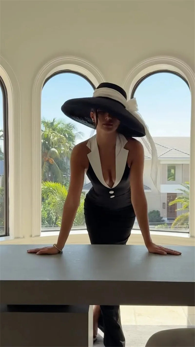 Notched Collar Halter Backless Sexy Maxi Dress