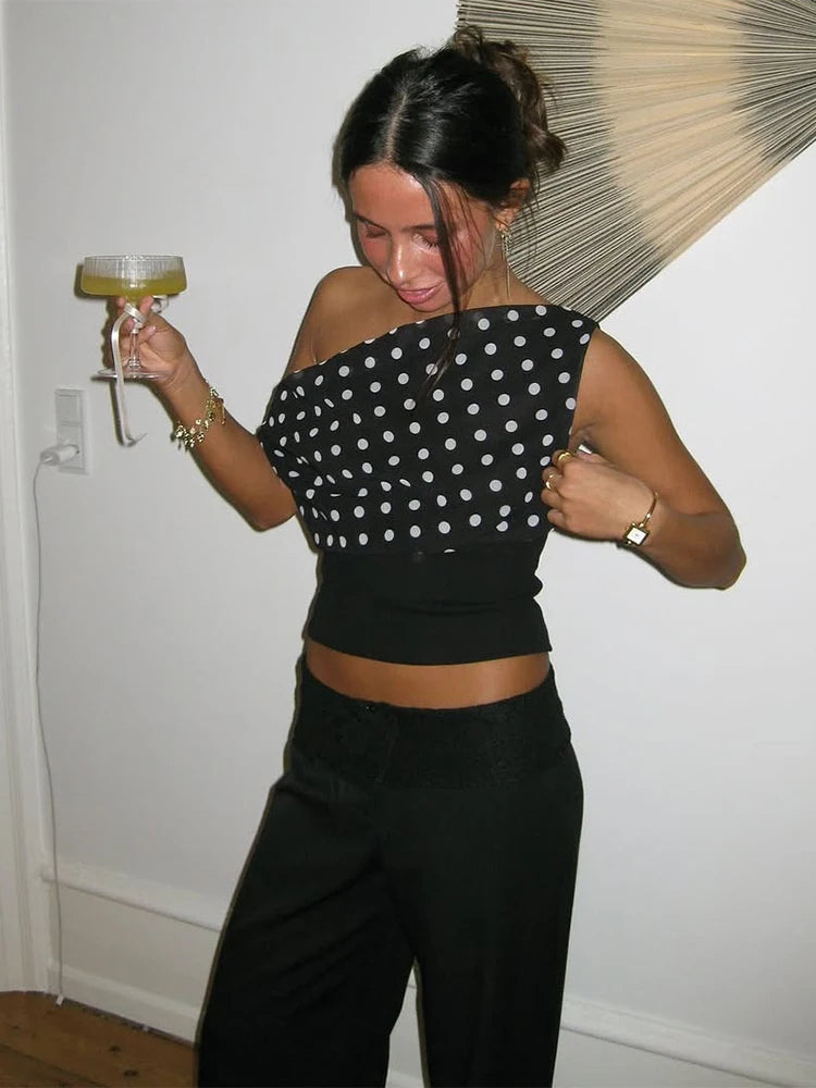 Polka Dots Print Skew Collar Off Shoulder Crop Top