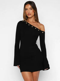 Inclined Shoulder Long Sleeve Sexy Mini Dress