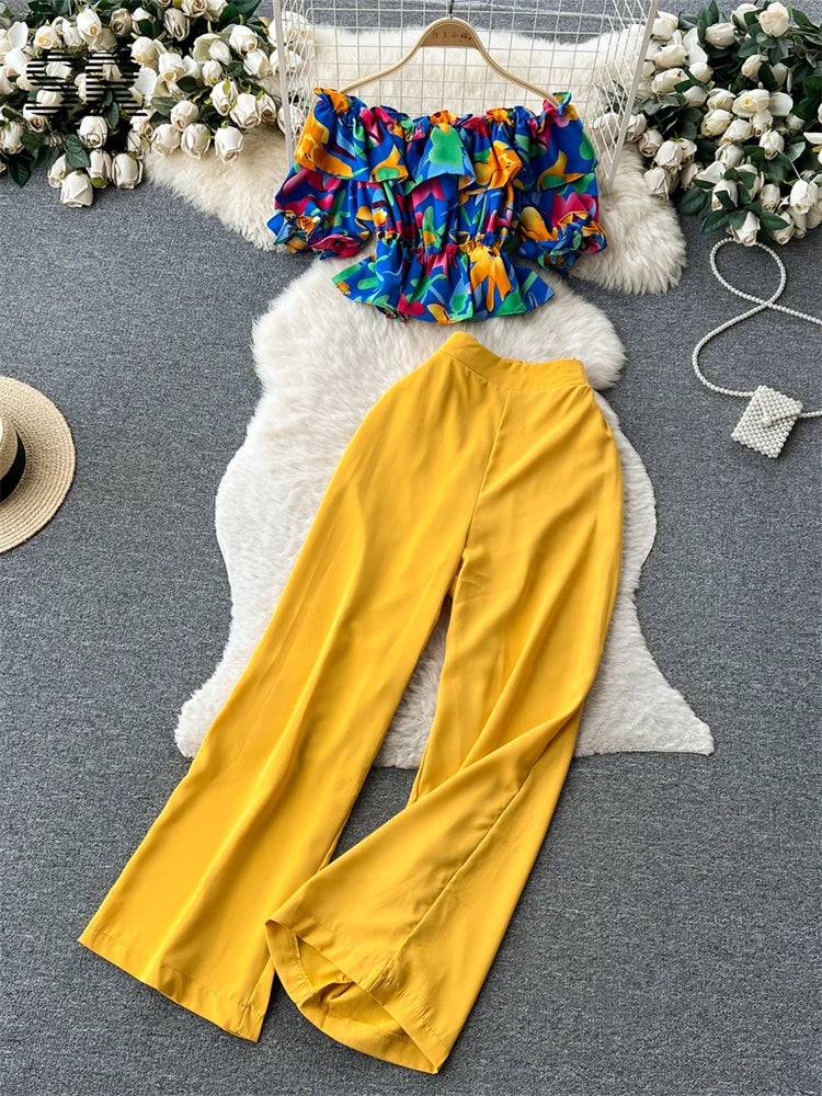 Ruffles Floral Print Elastic Waist Wide Leg Long Pants+Top Set