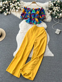 Ruffles Floral Print Elastic Waist Wide Leg Long Pants+Top Set