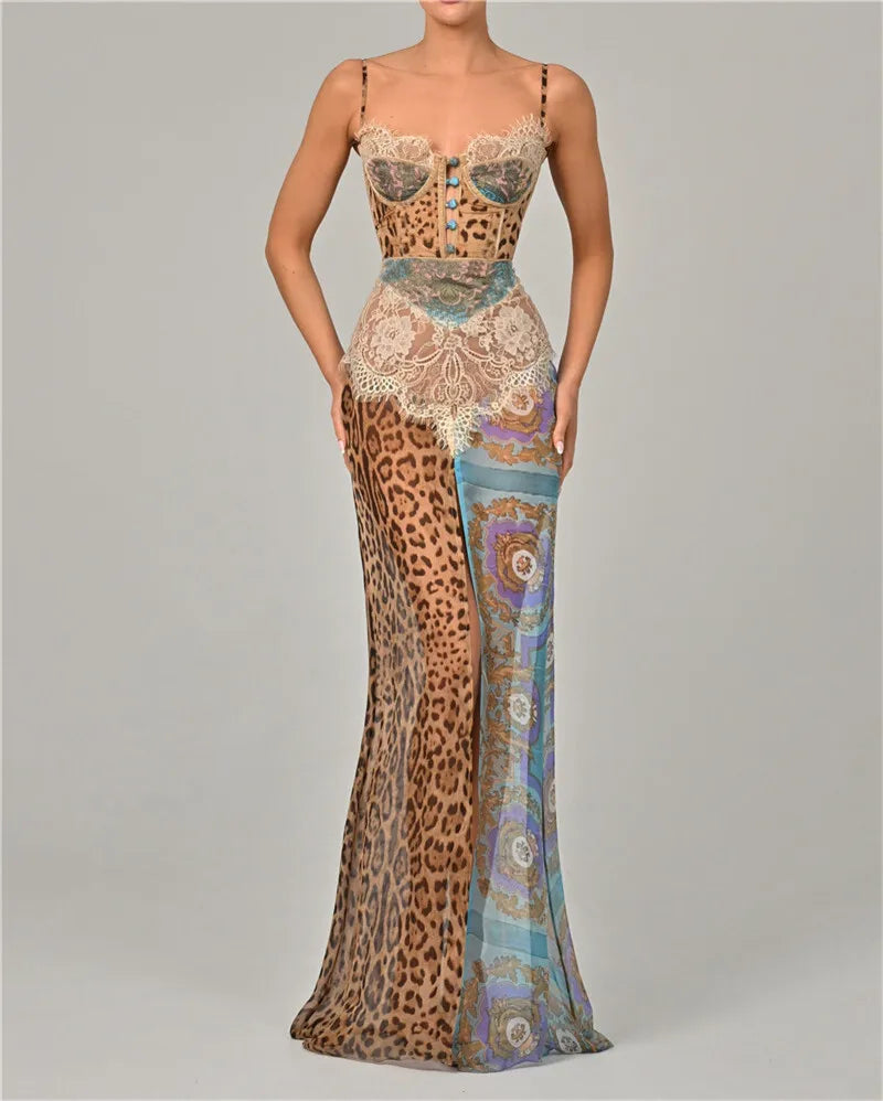 Leopard Print Lace Split Sexy Maxi Dress