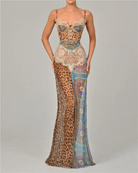 Leopard Print Lace Split Sexy Maxi Dress