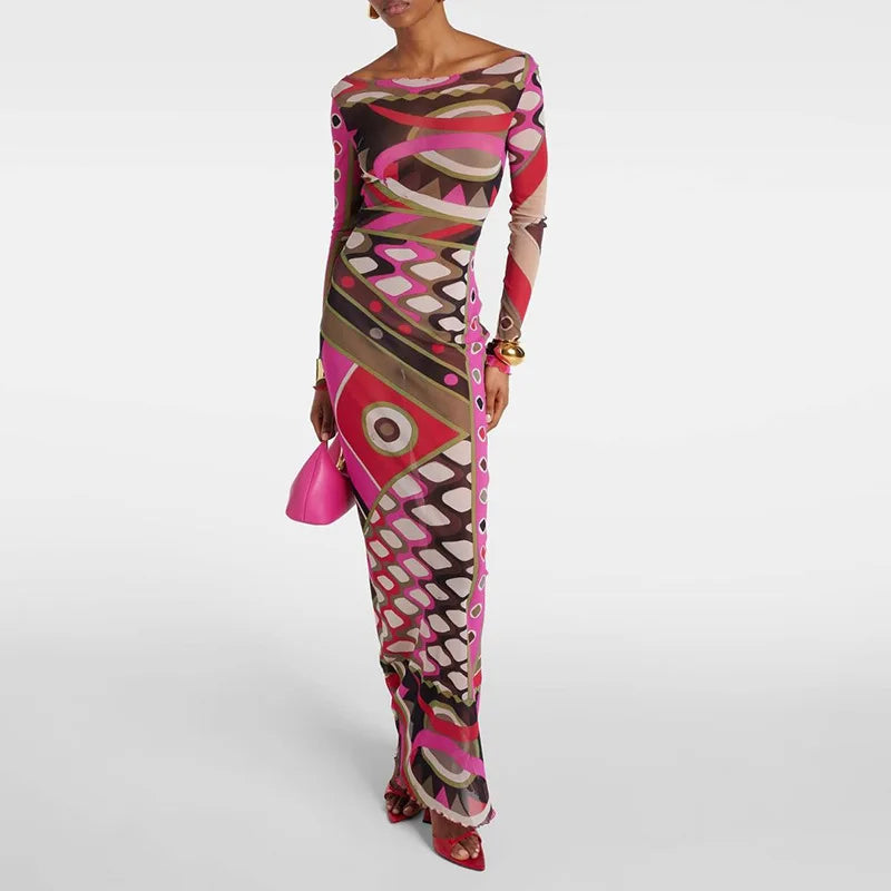 See Through Colorful Print Midnight Coquette Sheer Maxi Dress