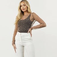 Pearl Mesh See Through Long Sleeve T-shirt