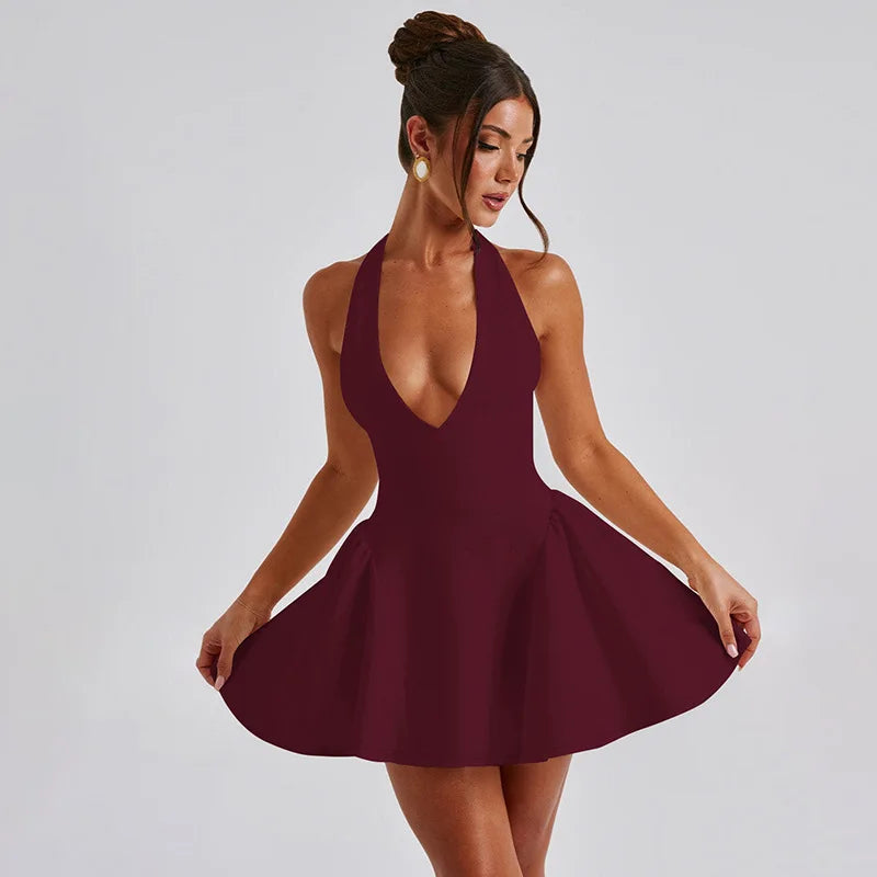 Elegant Halter High Waist A-line Deep V Neck Mini Dress
