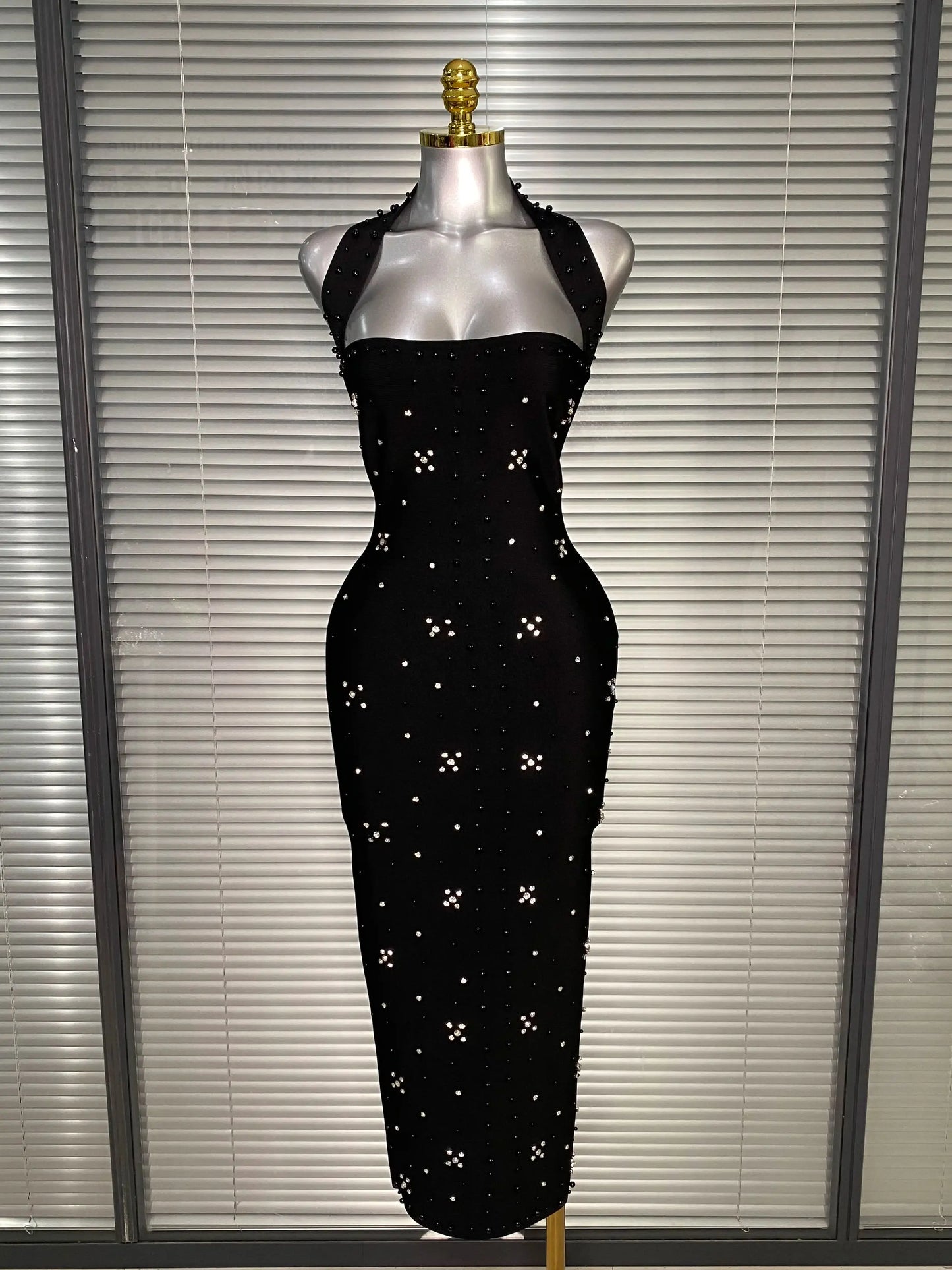 Halter Long Crystal Beaded Bandage Dress