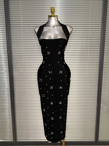 Halter Long Crystal Beaded Bandage Dress