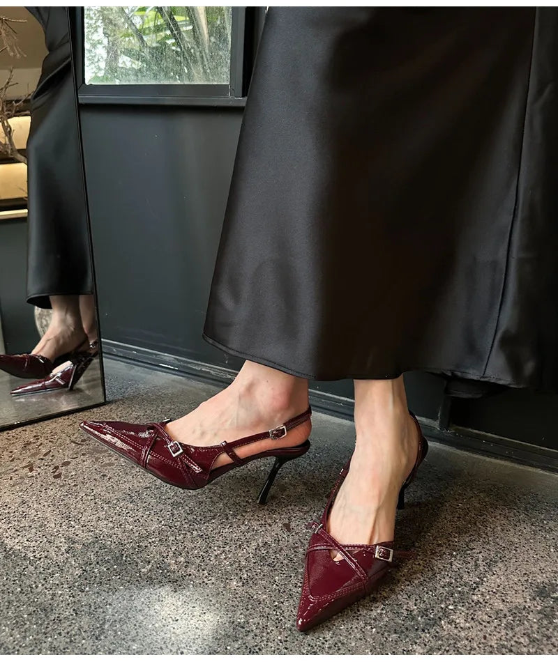 Elegant Pointed toe PU Leather Slingback Thin Heels