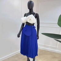 High Waist Patchwork Belt Big Swing Pleated Maxi Skirt