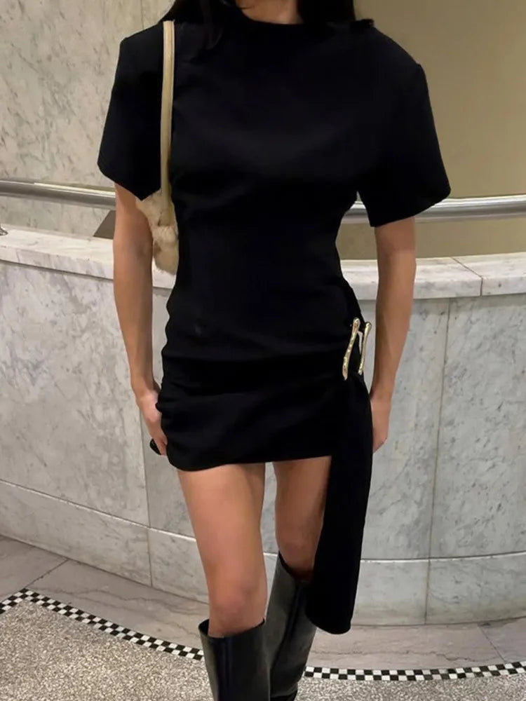 Metal Buckle O Neck High Waist Short Sleeve Mini Dress
