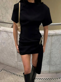 Metal Buckle O Neck High Waist Short Sleeve Mini Dress