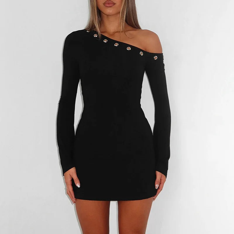 Inclined Shoulder Long Sleeve Sexy Mini Dress