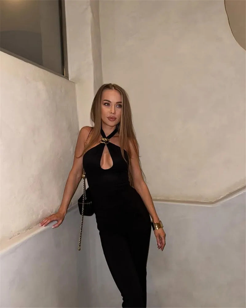 Halter Hollow Out Ring Metal Off-shoulder Tank Top