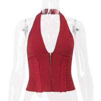 Cross Tie Zipper Slim Vest Halter Top