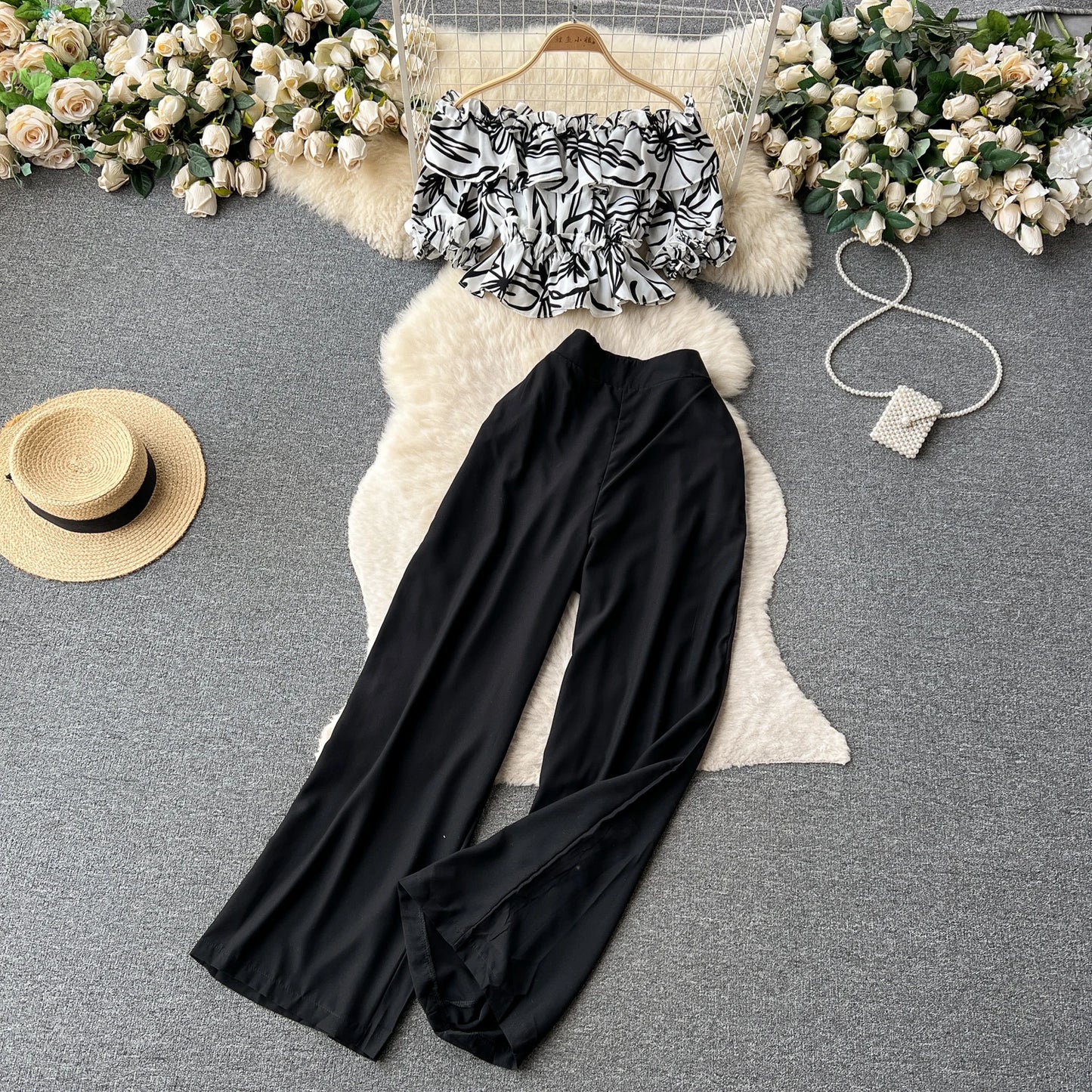 Ruffles Floral Print Elastic Waist Wide Leg Long Pants+Top Set