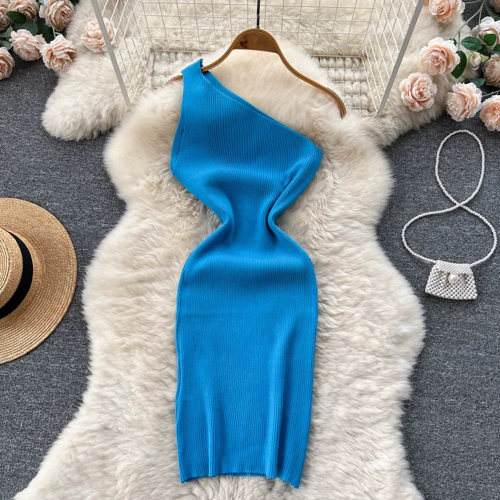 One Shoulder Solid Chic Knitted Mini Dress