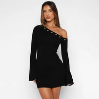 Inclined Shoulder Long Sleeve Sexy Mini Dress