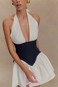 Patchwork Halter Denim Backless Sexy Mini Dress