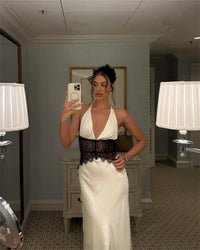 Patchwork Lace Halter Deep V Neck Maxi Dress