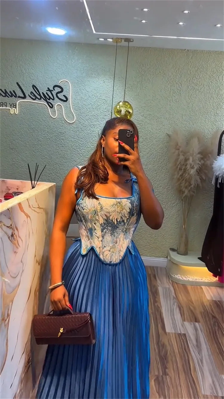 Floral Print Waist-cinching Corset +Pleated Long Skirts Set