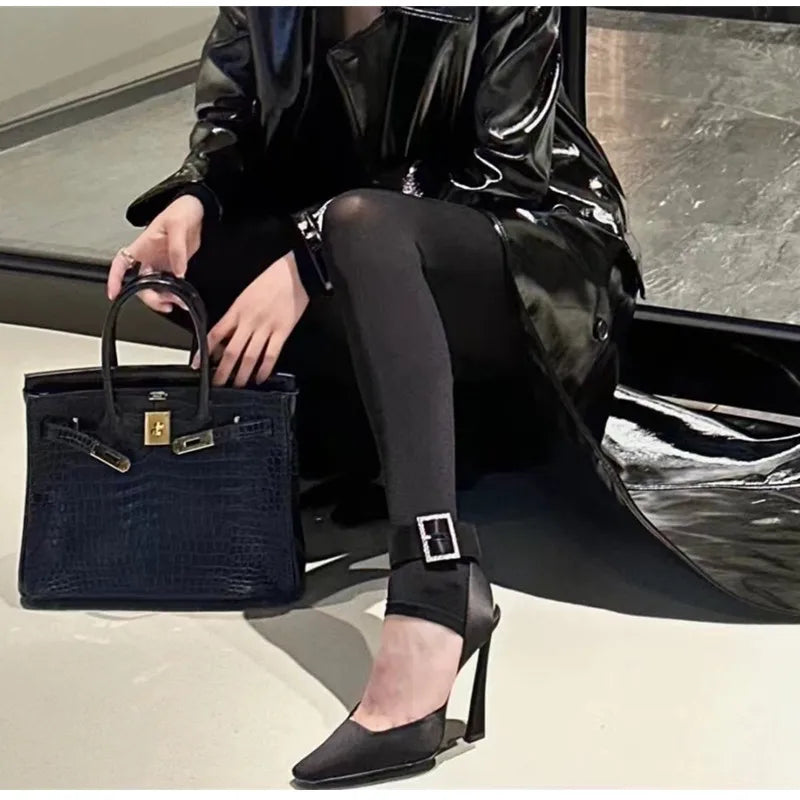 Luxury Satin Rhinestones Square Buckle Pumps