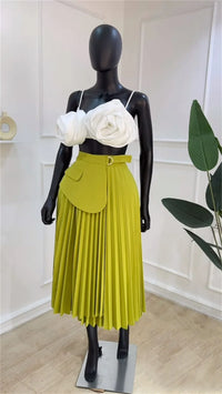 High Waist Patchwork Belt Big Swing Pleated Maxi Skirt