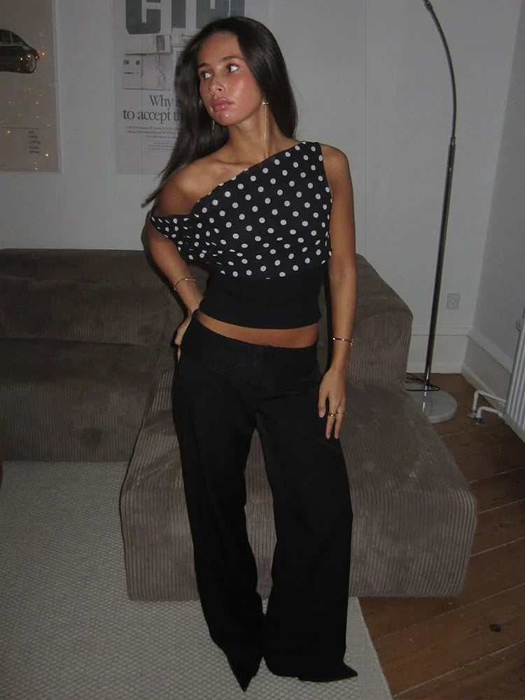 Polka Dots Print Skew Collar Off Shoulder Crop Top