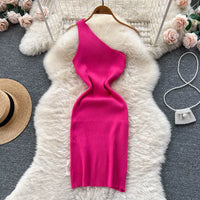 One Shoulder Solid Chic Knitted Mini Dress