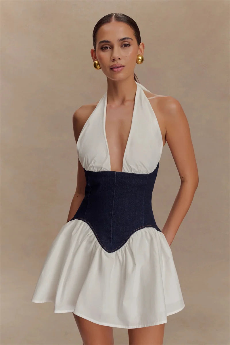 Patchwork Halter Denim Backless Sexy Mini Dress