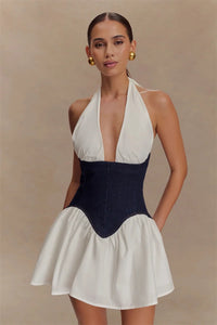 Patchwork Halter Denim Backless Sexy Mini Dress