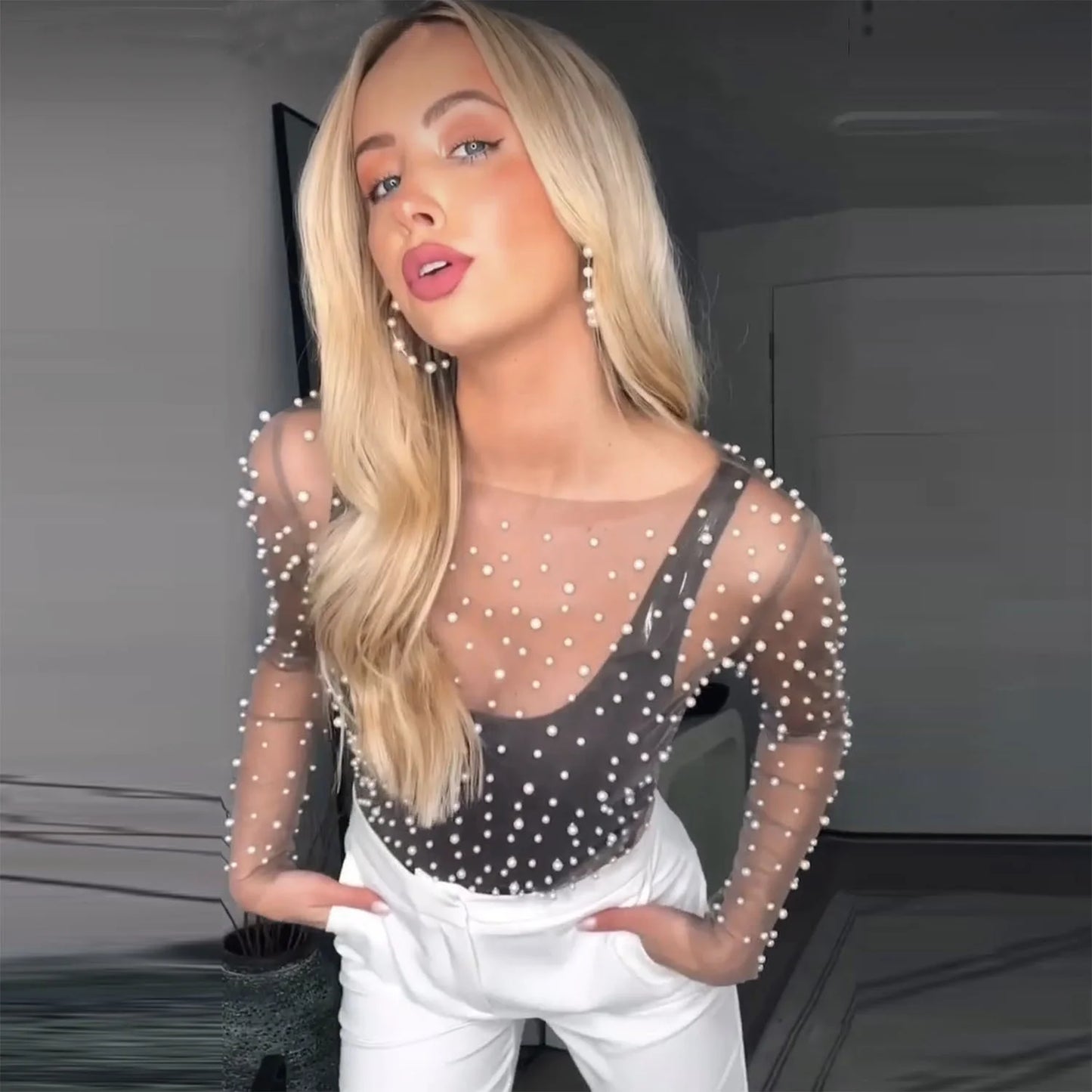 Pearl Mesh See Through Long Sleeve T-shirt