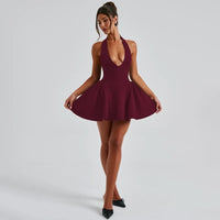 Elegant Halter High Waist A-line Deep V Neck Mini Dress