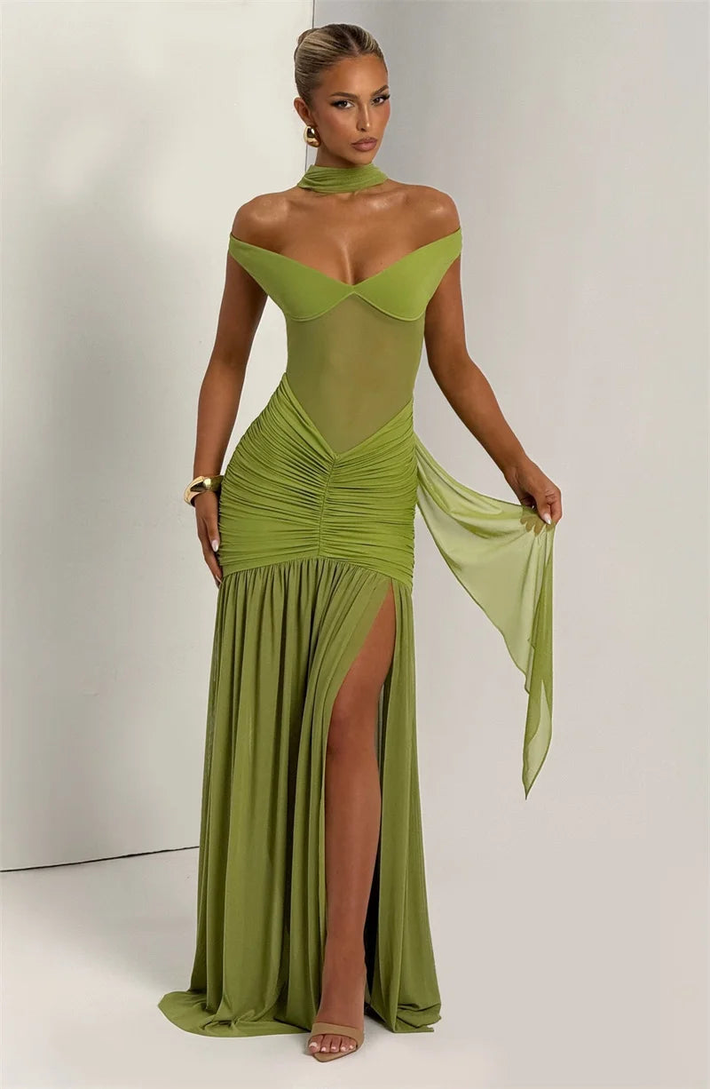 Off-shoulder Ruched Backless Sexy Maxi Dress