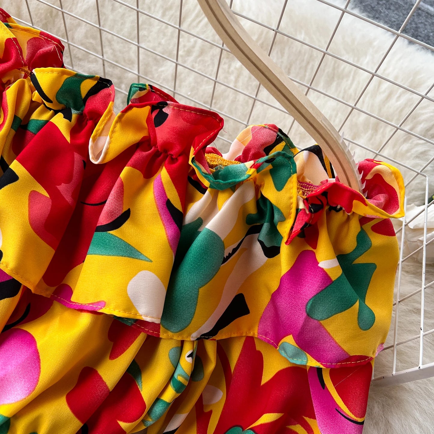 Ruffles Floral Print Elastic Waist Wide Leg Long Pants+Top Set