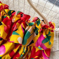 Ruffles Floral Print Elastic Waist Wide Leg Long Pants+Top Set