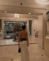 Patchwork Lace Halter Deep V Neck Maxi Dress