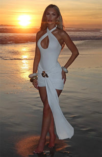 Metal Flower Draped Ruched Sexy Mini Dress