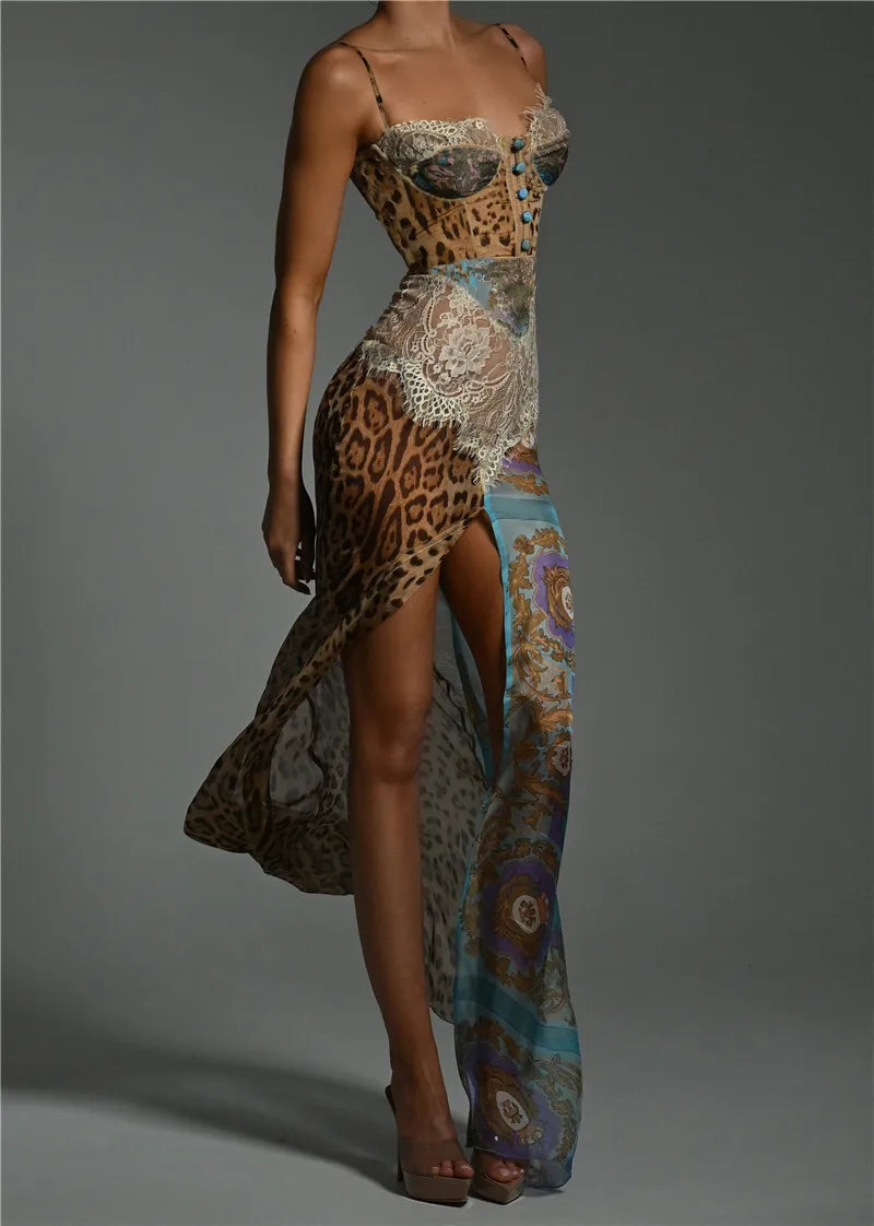 Leopard Print Lace Split Sexy Maxi Dress
