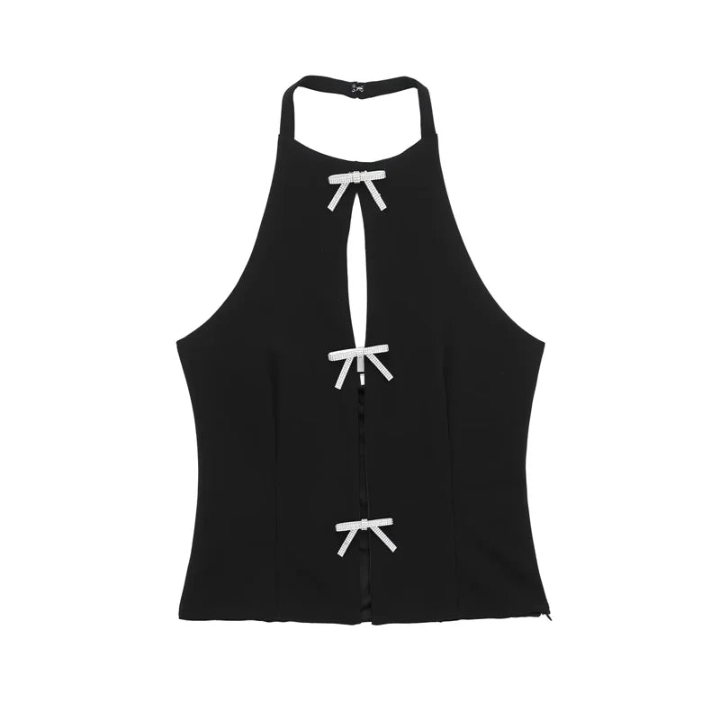Bow Rhinestone Cut Out Backless Top