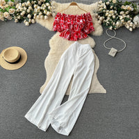 Ruffles Floral Print Elastic Waist Wide Leg Long Pants+Top Set