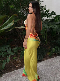 Floral Print Backless Lace-Up Ruched Swing Collar Maxi Dress