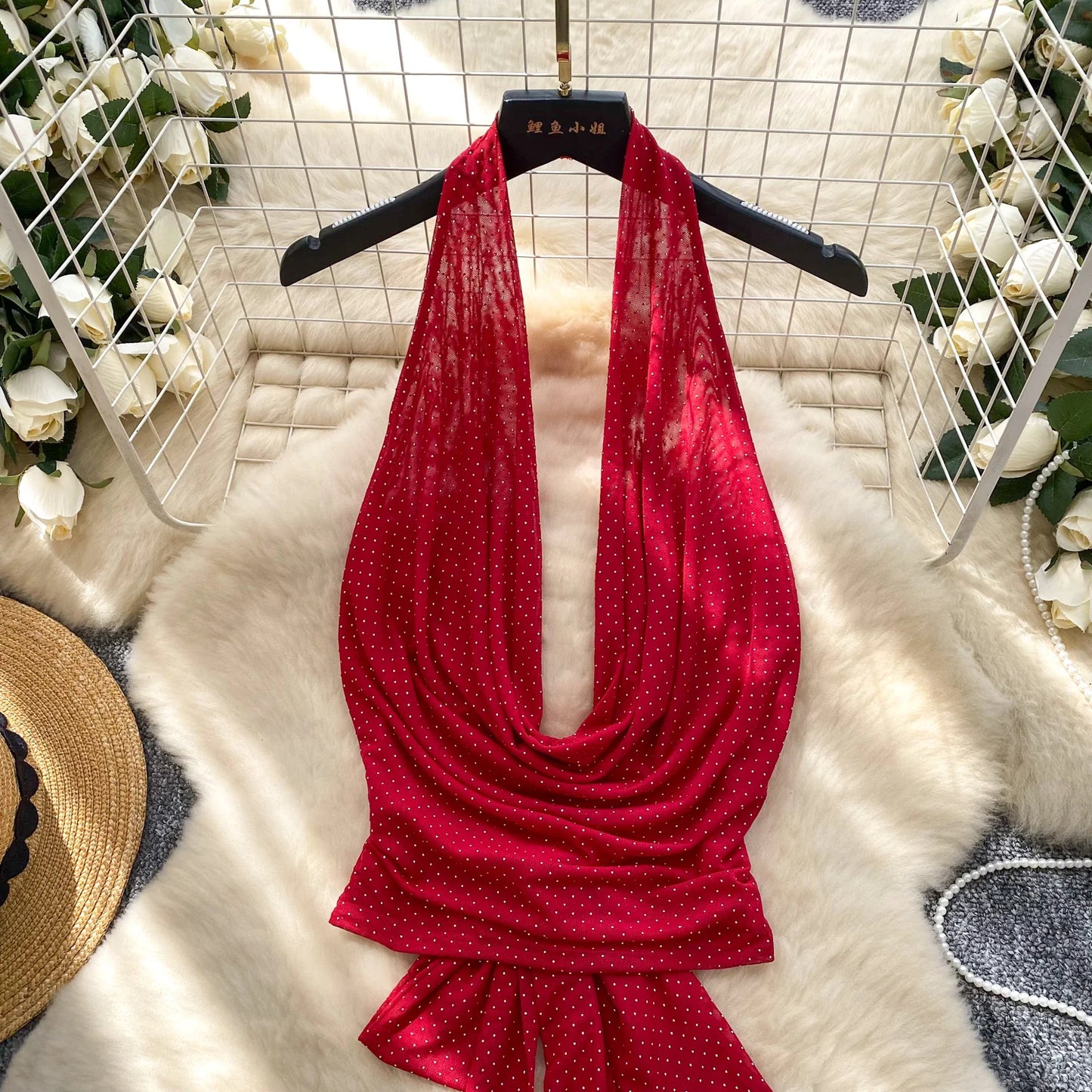 Halter Lace Up Backless Shiny Swing Collar Mesh Top