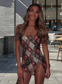 Colorful Diamond Pattern Sequin Slit Mini Dress