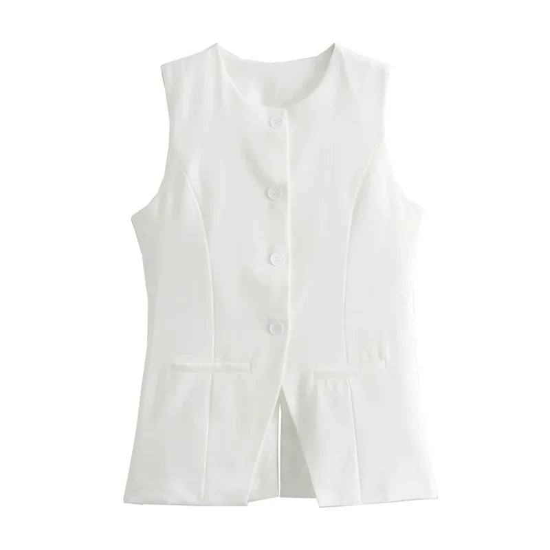 White Sleeveless Button Tailored Vest