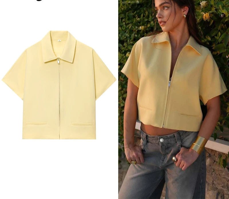 Short Sleeve Zipper Cropped Jacket