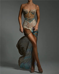 Leopard Print Lace Split Sexy Maxi Dress