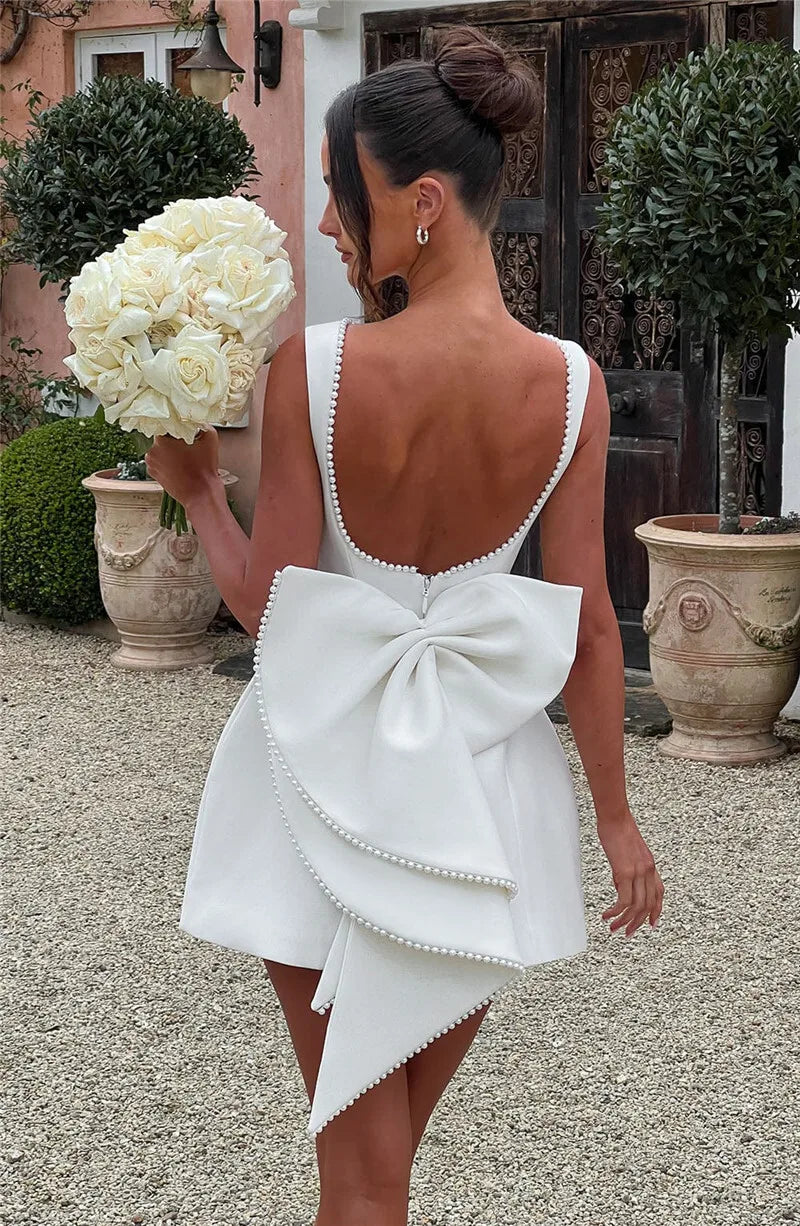 Pearl Bow Backless Sexy Mini Dress