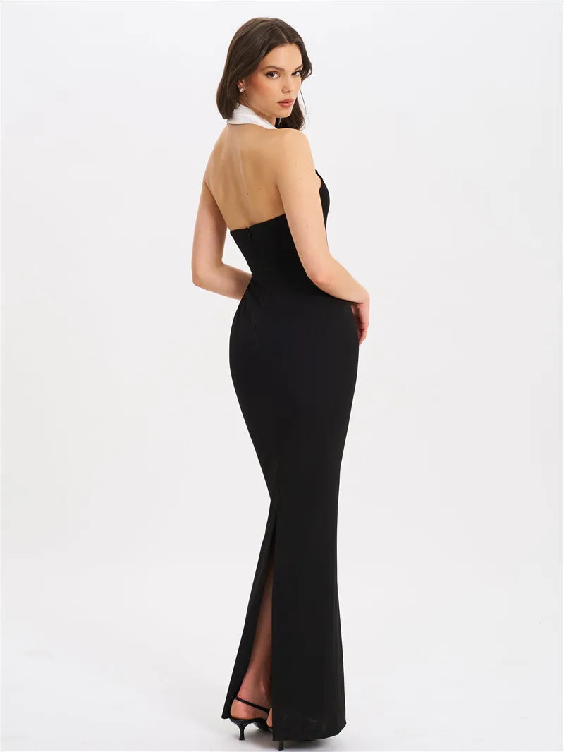 Notched Collar Halter Backless Sexy Maxi Dress