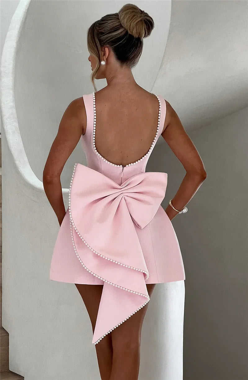 Pearl Bow Backless Sexy Mini Dress